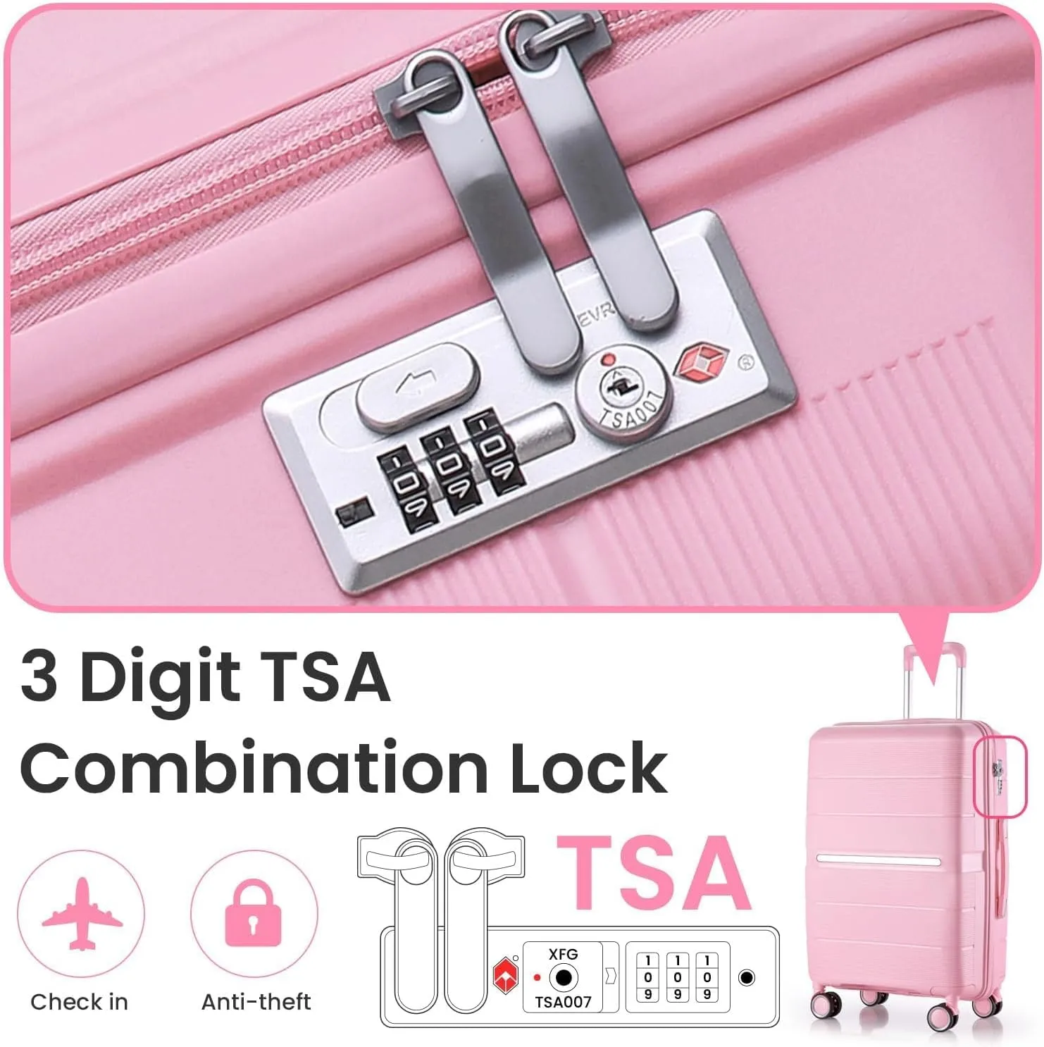 # 8 4Pcs Expandable PP Hard Shell Travel Luggage Set with Double Spinner Wheels, TSA Lock, Pink, 14/20/24/28 inch
