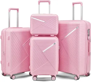 # 8 4Pcs Expandable PP Hard Shell Travel Luggage Set with Double Spinner Wheels, TSA Lock, Pink, 14/20/24/28 inch