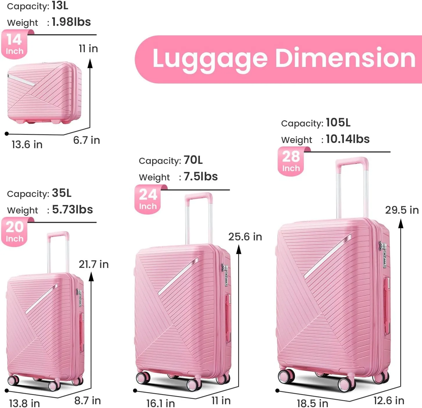 # 8 4Pcs Expandable PP Hard Shell Travel Luggage Set with Double Spinner Wheels, TSA Lock, Pink, 14/20/24/28 inch