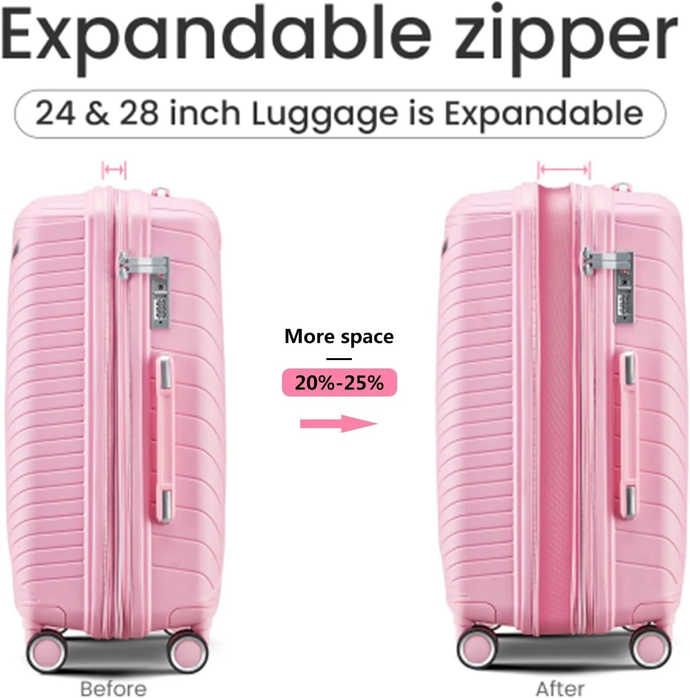 # 8 4Pcs Expandable PP Hard Shell Travel Luggage Set with Double Spinner Wheels, TSA Lock, Pink, 14/20/24/28 inch
