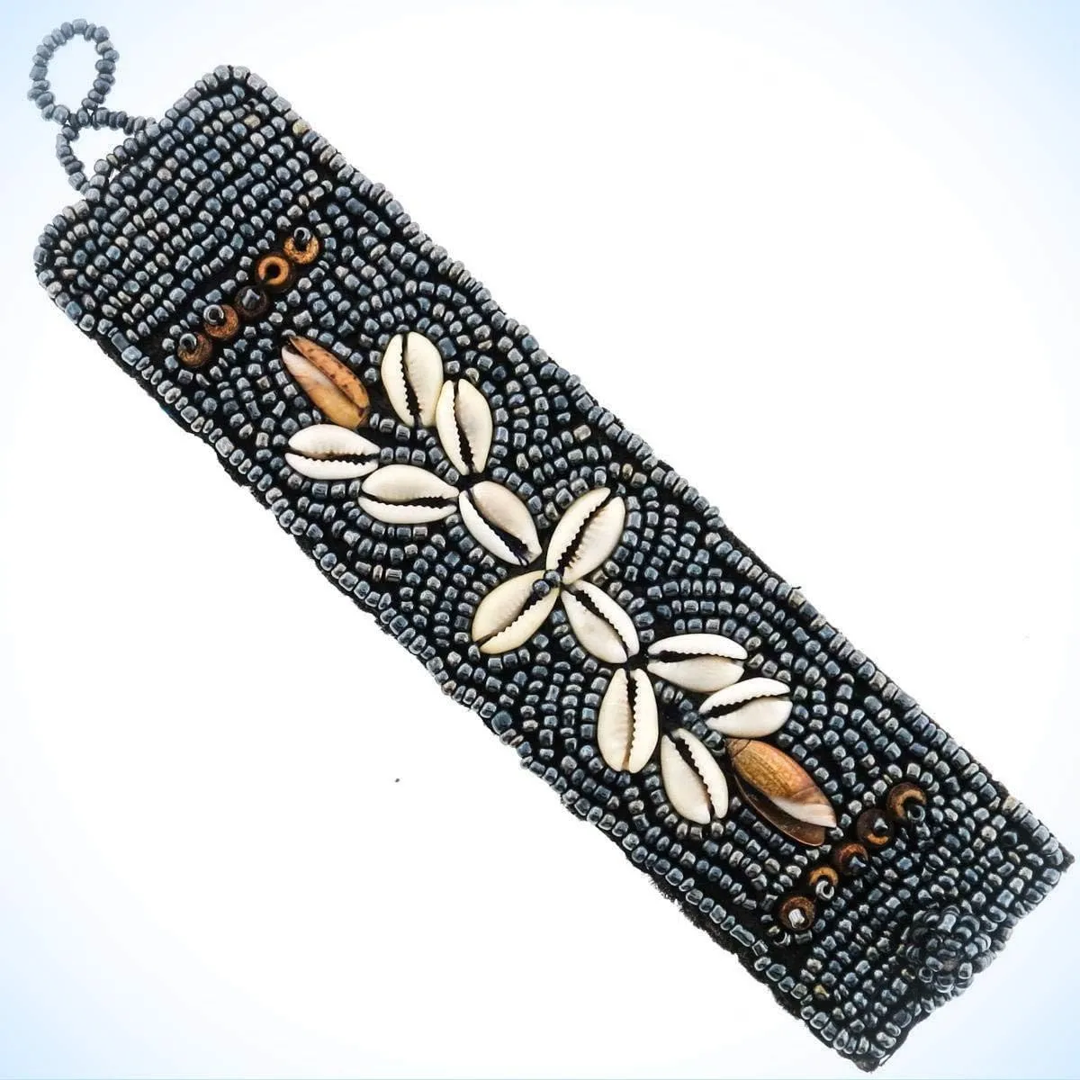 1 1/2" Handmade Beach Cowry Shell Gunmetal Gray Glass Seed Beads Crystal Fashion Jewelry Bracelet