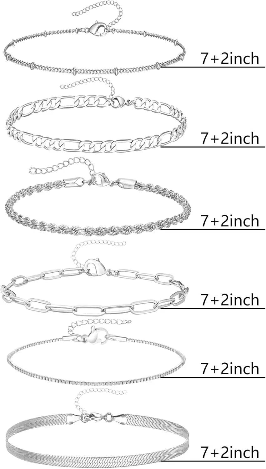 14K Gold Dainty Anklet Bracelets Set for Women,6pcs Adjustable Stackable Cuban Link Paperclip Chain Snake Layered Chain Bracelets Pack Jewelry