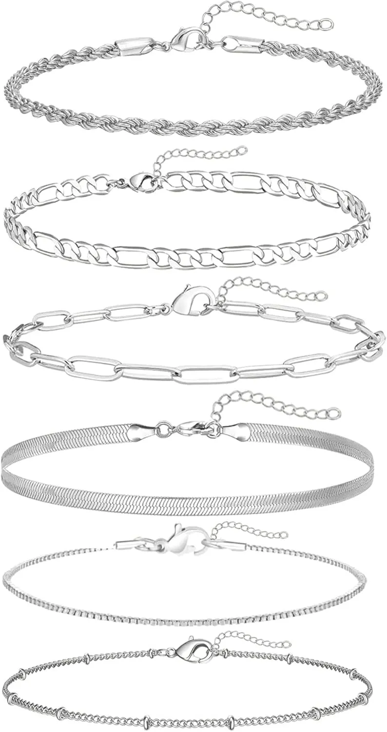 14K Gold Dainty Anklet Bracelets Set for Women,6pcs Adjustable Stackable Cuban Link Paperclip Chain Snake Layered Chain Bracelets Pack Jewelry