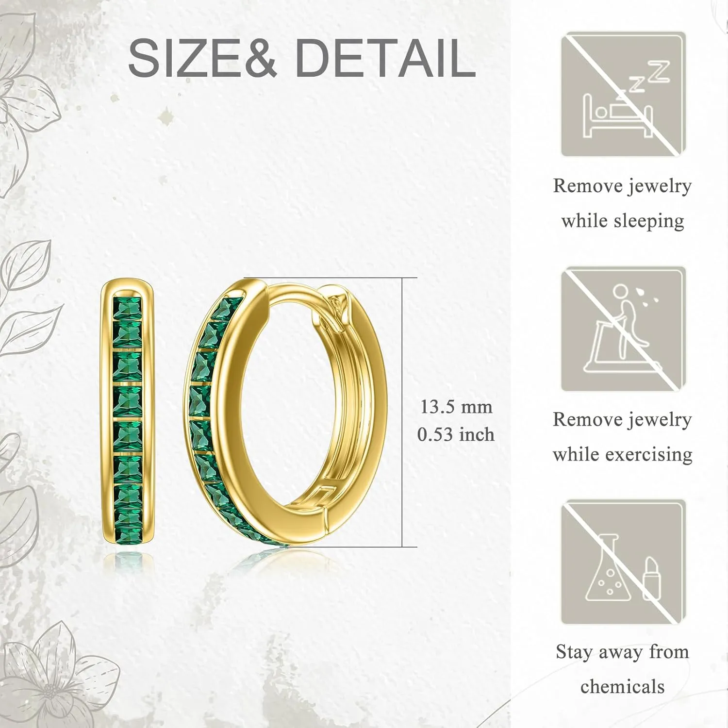 14K Gold Emerald Hoop Earrings, Solid Yellow Gold Created Emerald Green Hinged Hoops, St. Patricks Day Jewelry Birthstone Earrings for Women Ladies Her Mom, 11.5mm Diameters