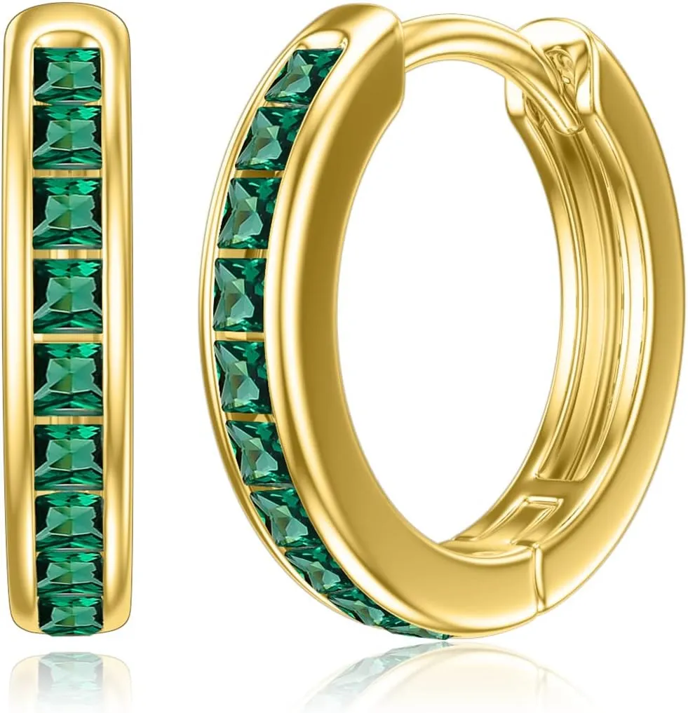 14K Gold Emerald Hoop Earrings, Solid Yellow Gold Created Emerald Green Hinged Hoops, St. Patricks Day Jewelry Birthstone Earrings for Women Ladies Her Mom, 11.5mm Diameters
