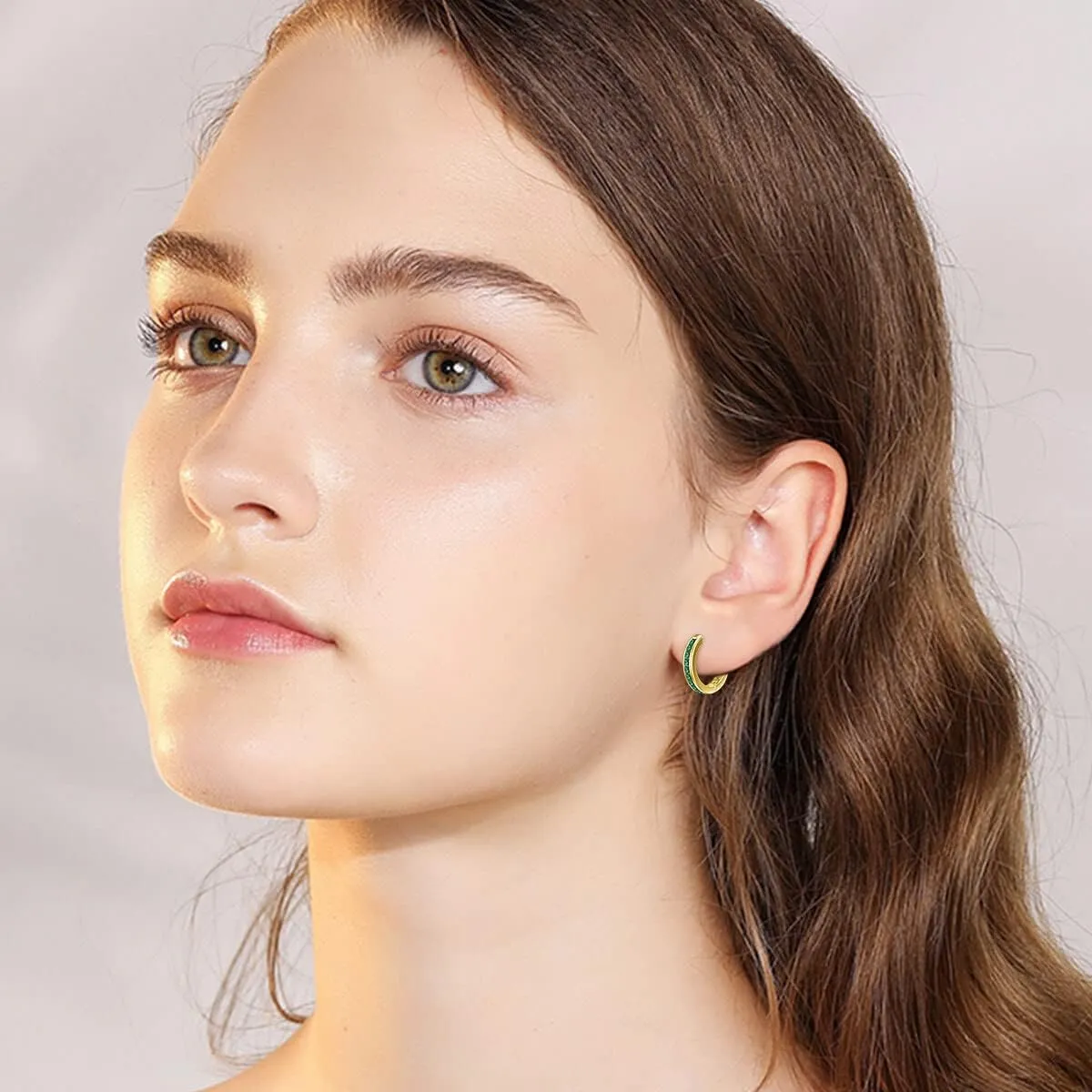 14K Gold Emerald Hoop Earrings, Solid Yellow Gold Created Emerald Green Hinged Hoops, St. Patricks Day Jewelry Birthstone Earrings for Women Ladies Her Mom, 11.5mm Diameters