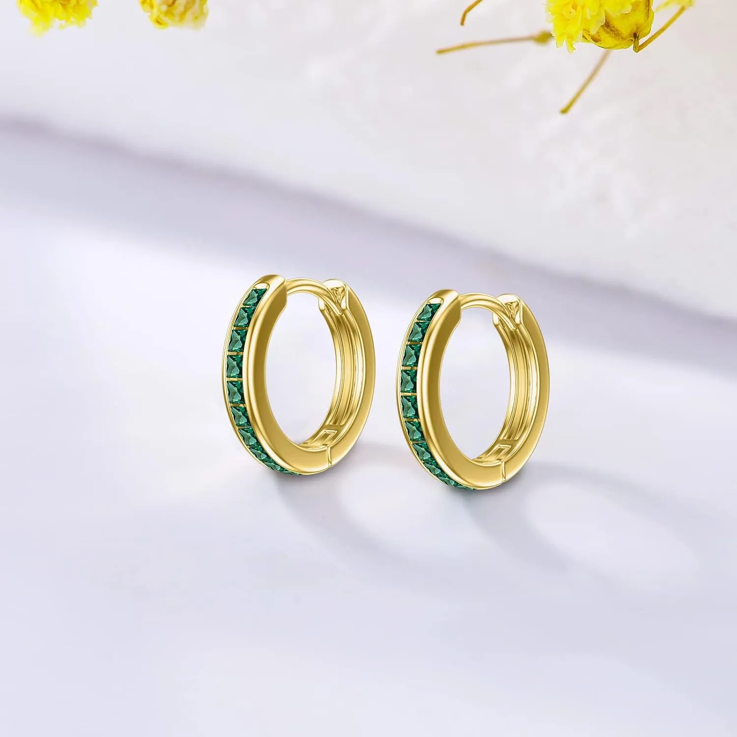 14K Gold Emerald Hoop Earrings, Solid Yellow Gold Created Emerald Green Hinged Hoops, St. Patricks Day Jewelry Birthstone Earrings for Women Ladies Her Mom, 11.5mm Diameters