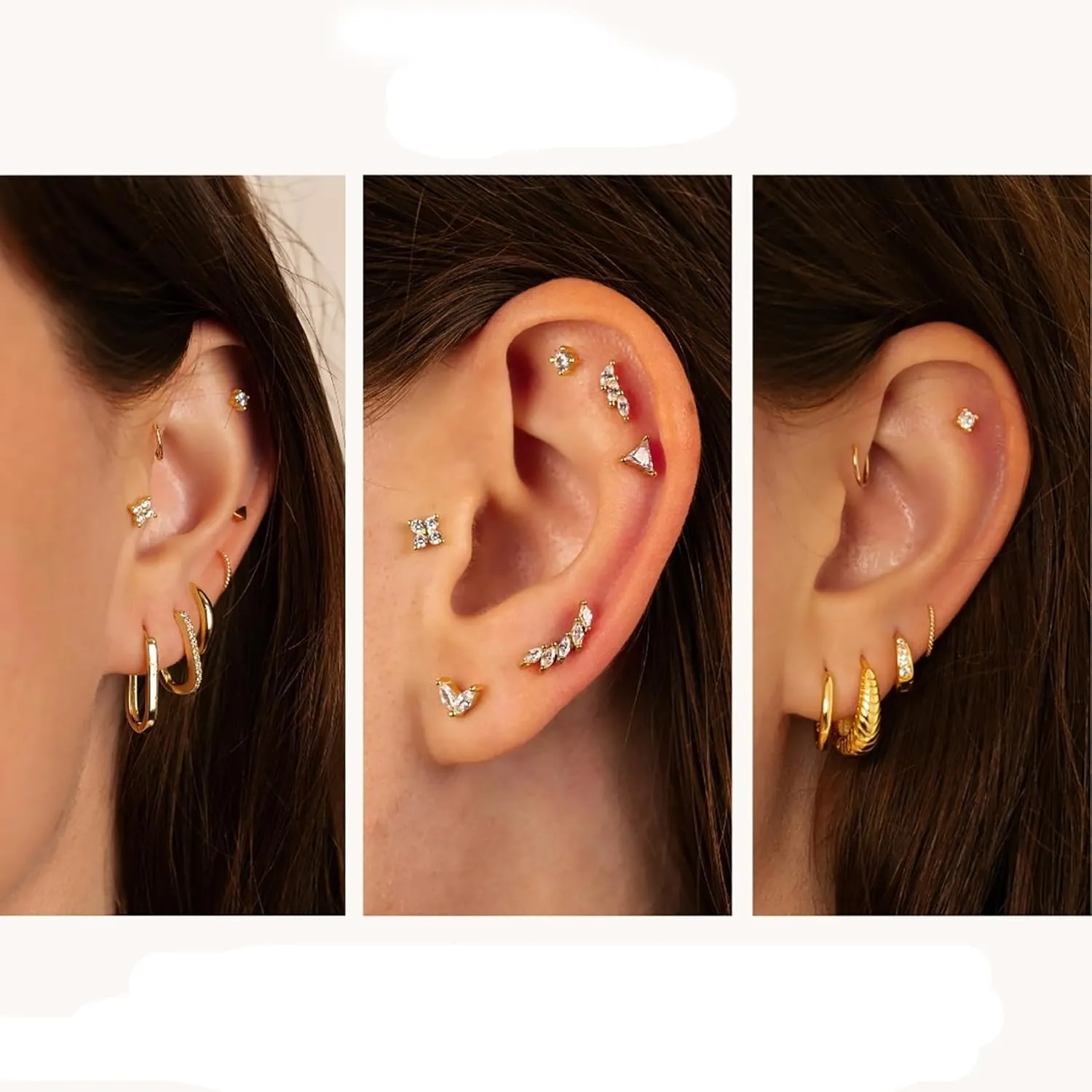 14K Real Gold Earring Sets for Women Dainty Gold Stud Earrings Set Non Tarnish Sterling Silver Earrings Hoops Double Piercing Earrings Two Holes Dainty Earring Sets for Multiple Piercing
