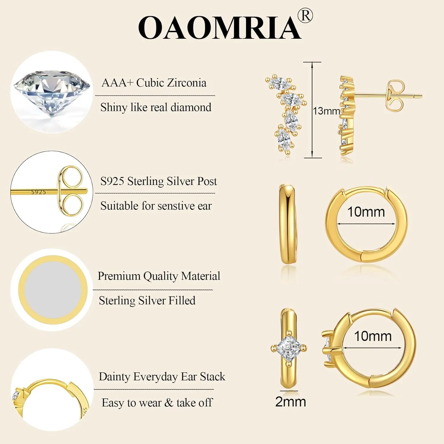 14K Real Gold Earring Sets for Women Dainty Gold Stud Earrings Set Non Tarnish Sterling Silver Earrings Hoops Double Piercing Earrings Two Holes Dainty Earring Sets for Multiple Piercing