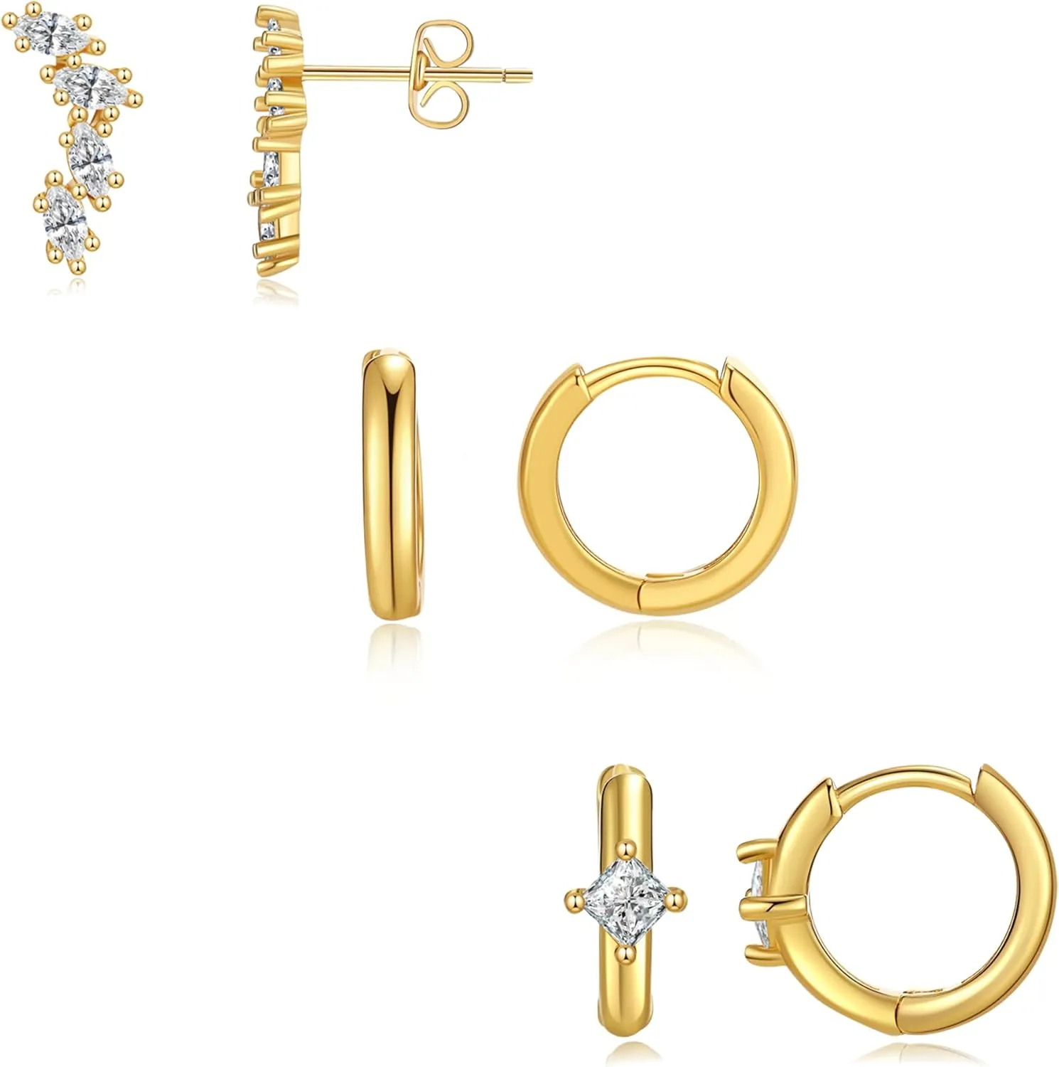 14K Real Gold Earring Sets for Women Dainty Gold Stud Earrings Set Non Tarnish Sterling Silver Earrings Hoops Double Piercing Earrings Two Holes Dainty Earring Sets for Multiple Piercing