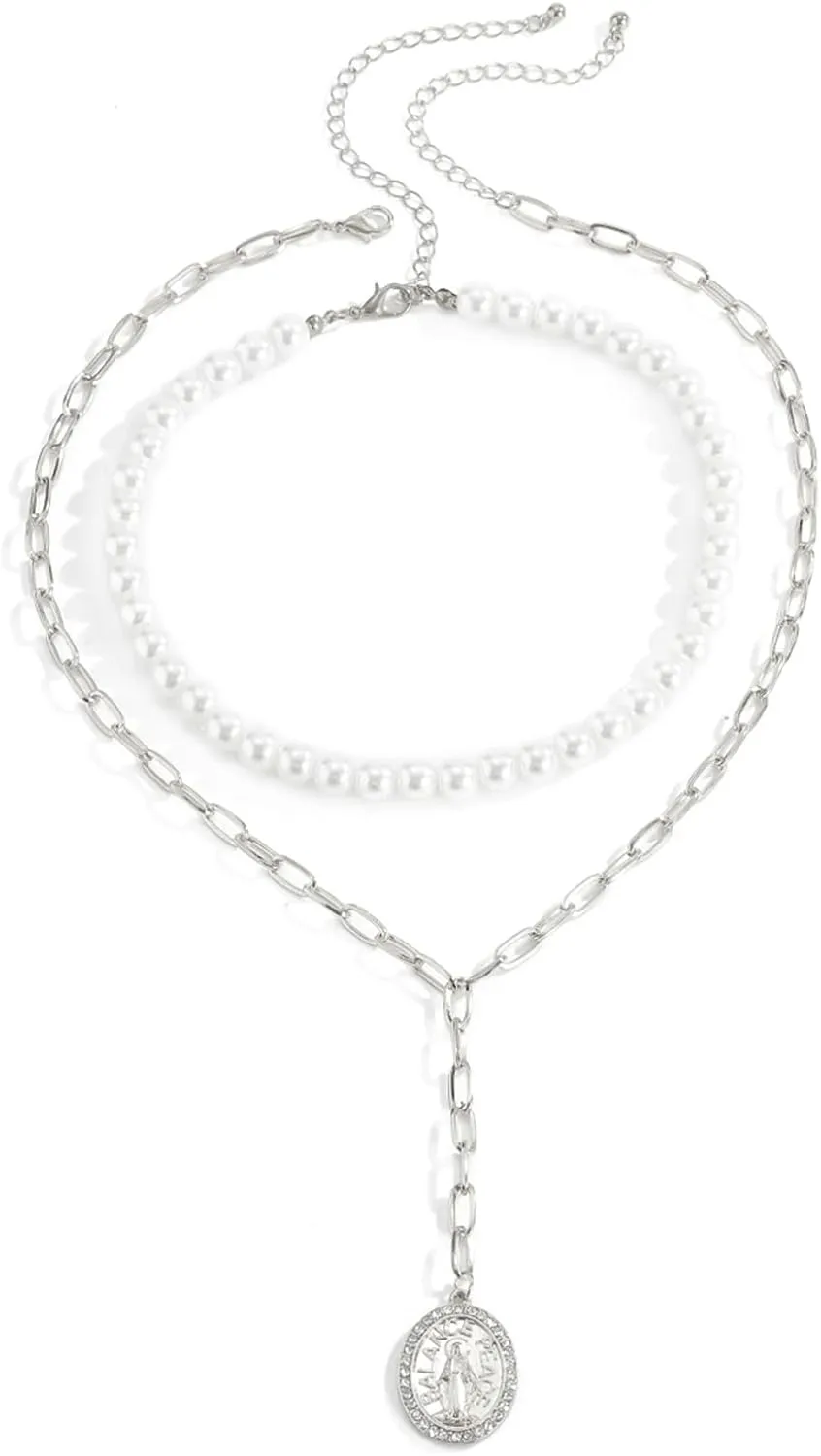 2 Layer Layer Necklace for Women, Imitation Pearl Coin Y Necklace Silver Layered Necklace Sets for Women