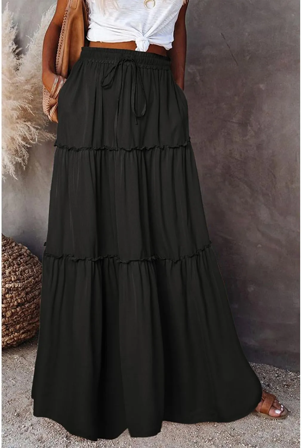 2024 Womens Floral Print Boho Maxi Skirt Elastic High Waist Pleated Ruffle Flowy Charming Bohemian Long Skirts S-XL