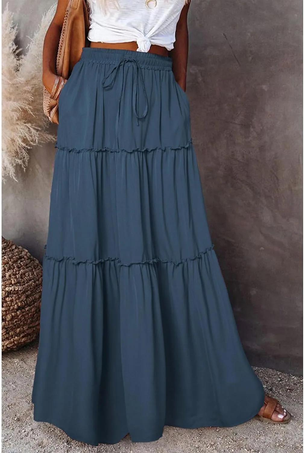 2024 Womens Floral Print Boho Maxi Skirt Elastic High Waist Pleated Ruffle Flowy Charming Bohemian Long Skirts S-XL