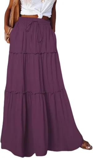 2024 Womens Floral Print Boho Maxi Skirt Elastic High Waist Pleated Ruffle Flowy Charming Bohemian Long Skirts S-XL