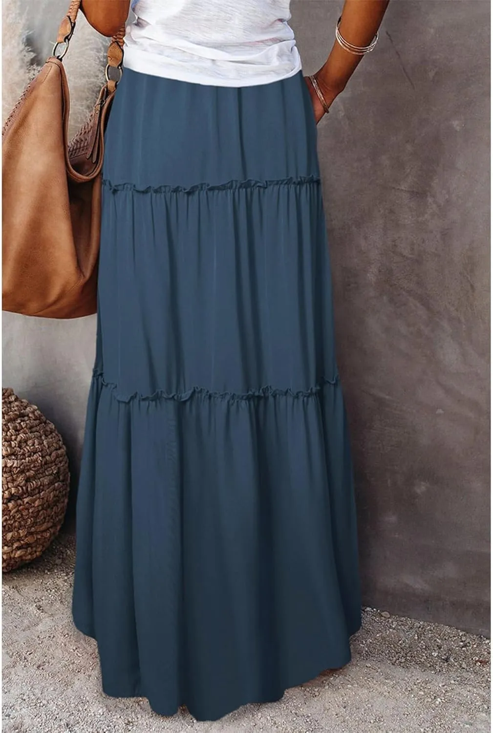 2024 Womens Floral Print Boho Maxi Skirt Elastic High Waist Pleated Ruffle Flowy Charming Bohemian Long Skirts S-XL