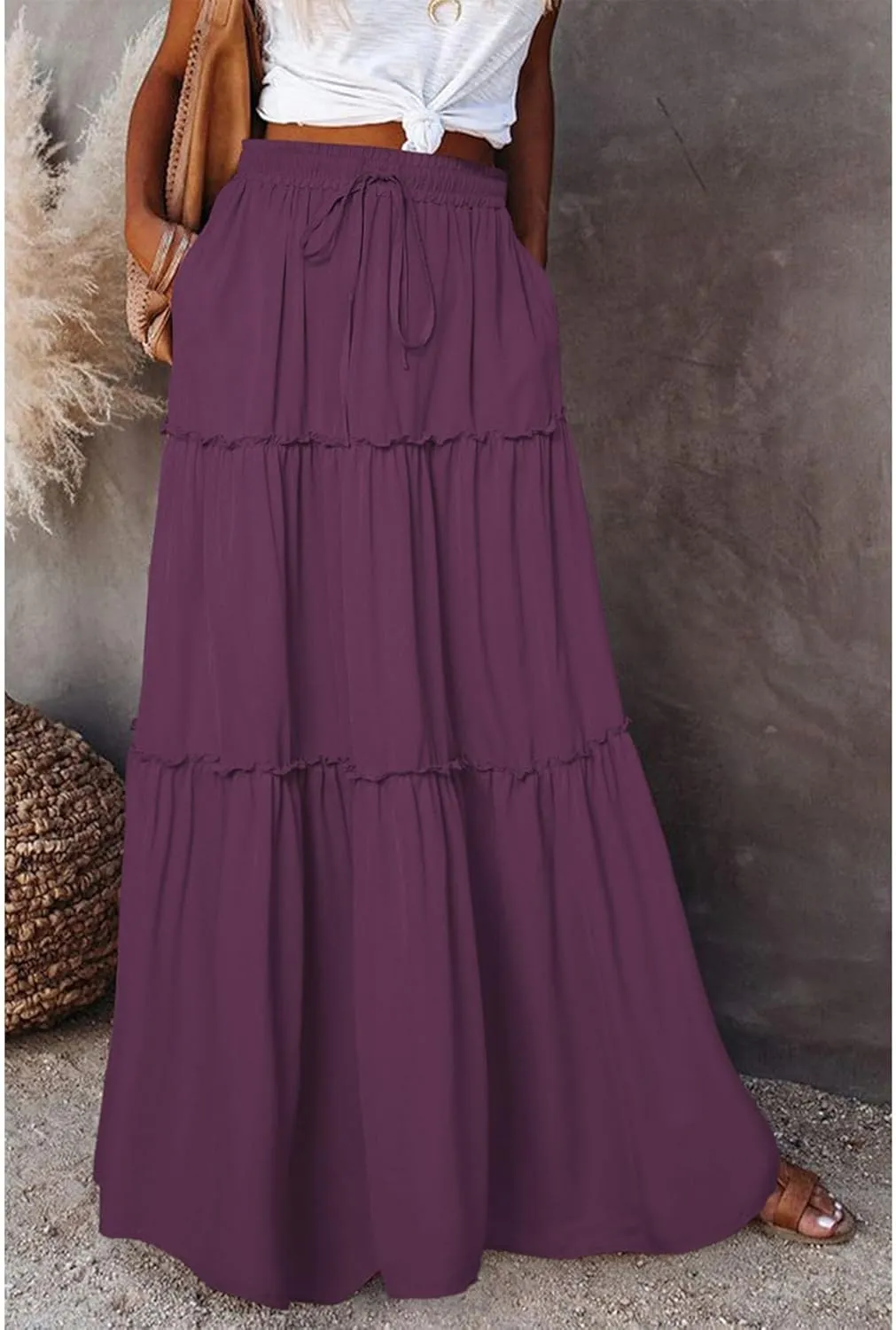 2024 Womens Floral Print Boho Maxi Skirt Elastic High Waist Pleated Ruffle Flowy Charming Bohemian Long Skirts S-XL