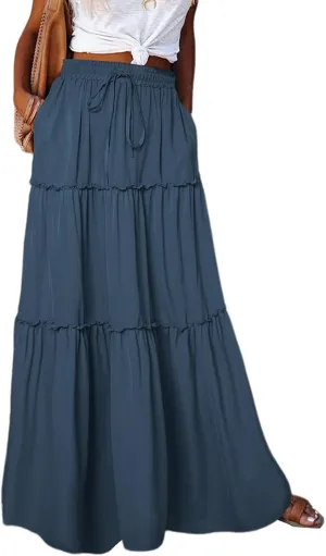 2024 Womens Floral Print Boho Maxi Skirt Elastic High Waist Pleated Ruffle Flowy Charming Bohemian Long Skirts S-XL