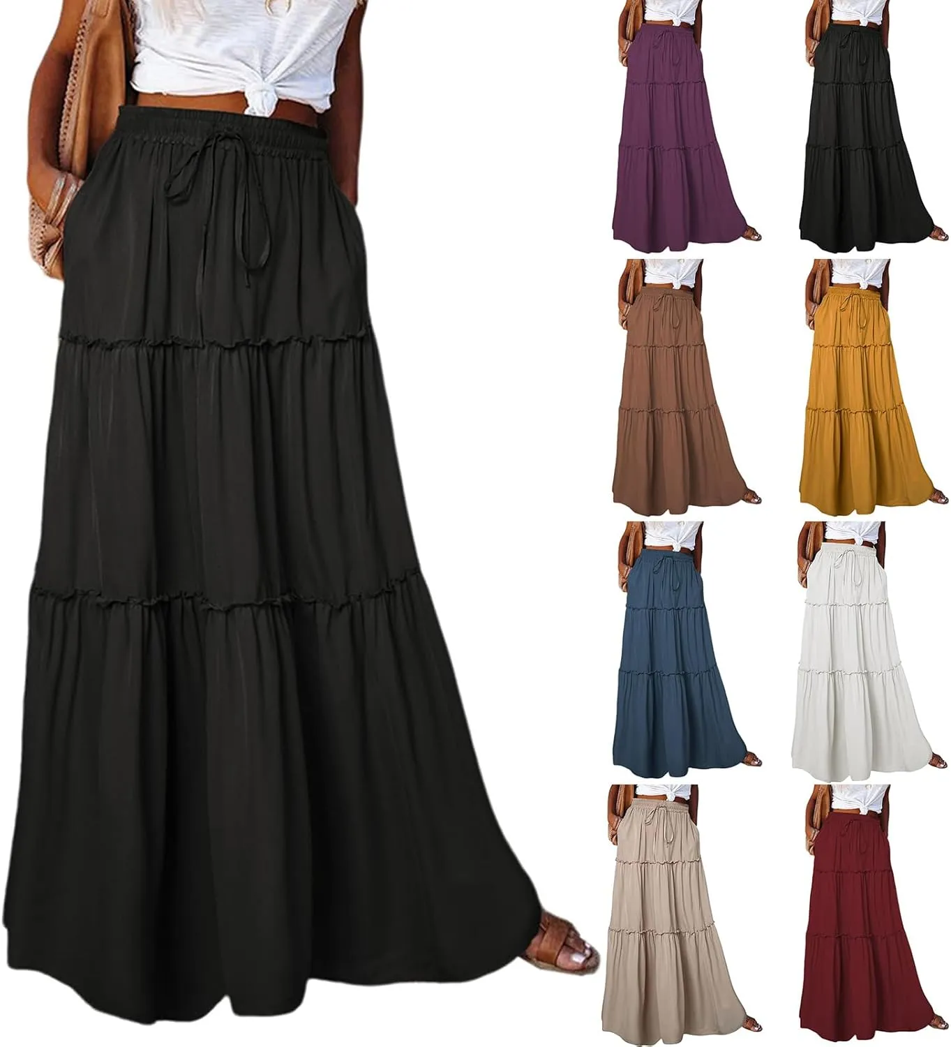 2024 Womens Floral Print Boho Maxi Skirt Elastic High Waist Pleated Ruffle Flowy Charming Bohemian Long Skirts S-XL
