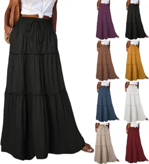 2024 Womens Floral Print Boho Maxi Skirt Elastic High Waist Pleated Ruffle Flowy Charming Bohemian Long Skirts S-XL