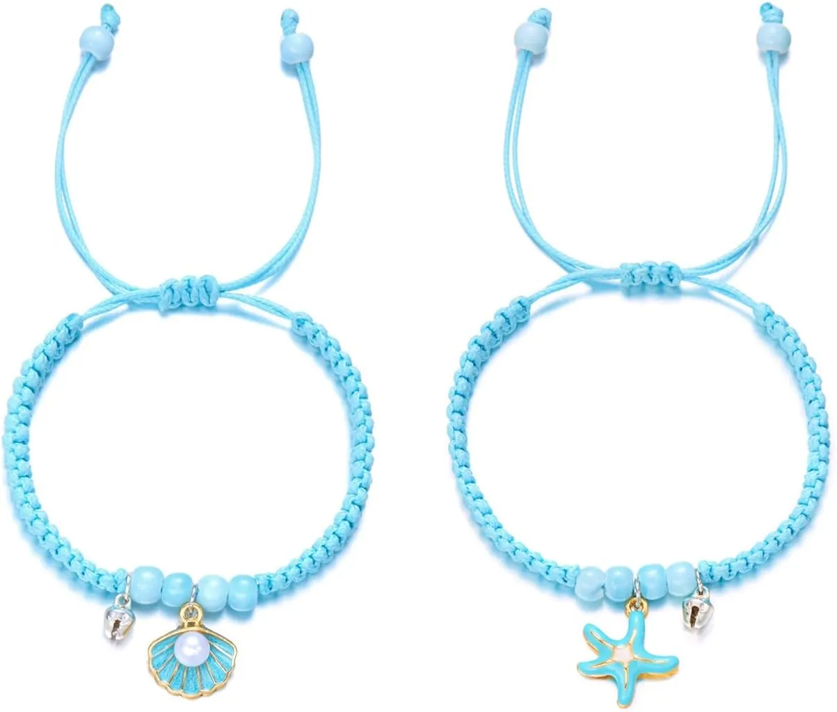 2Pcs Handmade Braided Starfish Shell Couple Friendship Charm Bracelets Bohemia Glass Beaded Starfish Shell Matching Bracelets Boho Vacation Strand Bangle for Women Men Relationship Jewelry Gift
