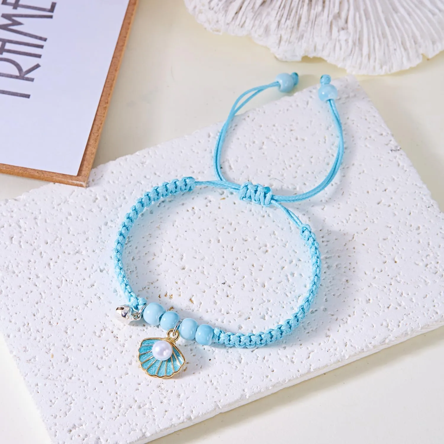 2Pcs Handmade Braided Starfish Shell Couple Friendship Charm Bracelets Bohemia Glass Beaded Starfish Shell Matching Bracelets Boho Vacation Strand Bangle for Women Men Relationship Jewelry Gift