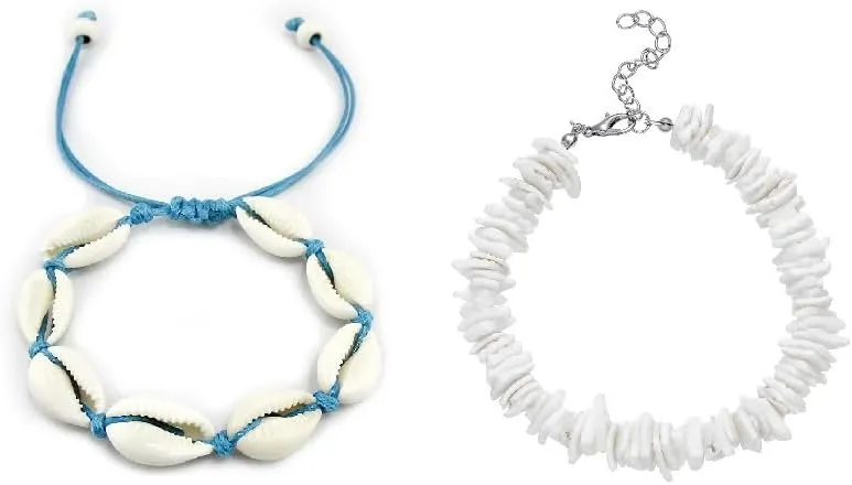 2Pcs Puka Shell Seashell Beaded Bracelet for Women Girls Handmade Adjustable Hawaiian Style Ankle Bracelets Set Colorful Braided Rope Natural Shell Summer Beach Jewelry