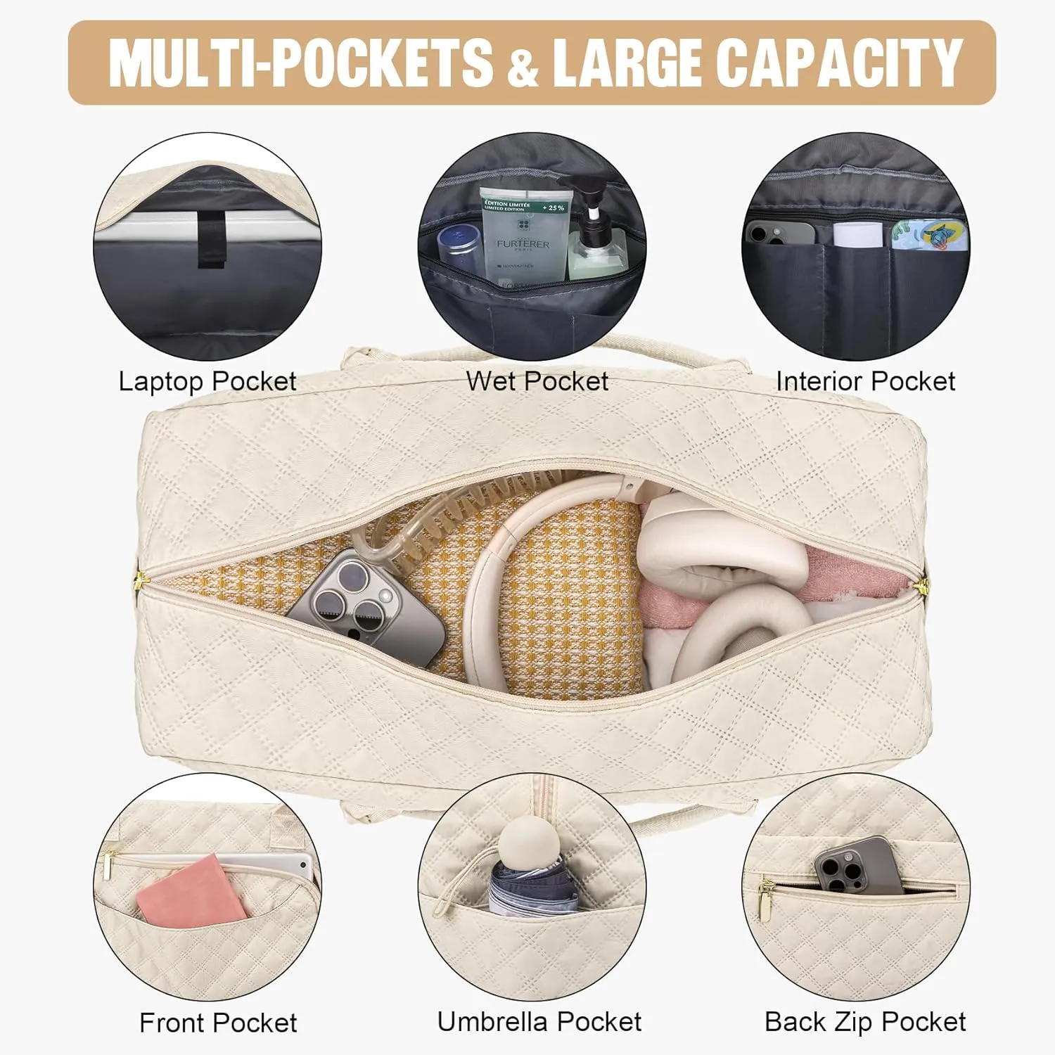 3 Pack Travel Duffle Bag, Weekend Bags for Women with Shoe Compartment, Large Toiletry Personal Item Travel Carry on Bags with Wet Pocket, Gym Overnight Hospital Bag for Delivery Business Beige