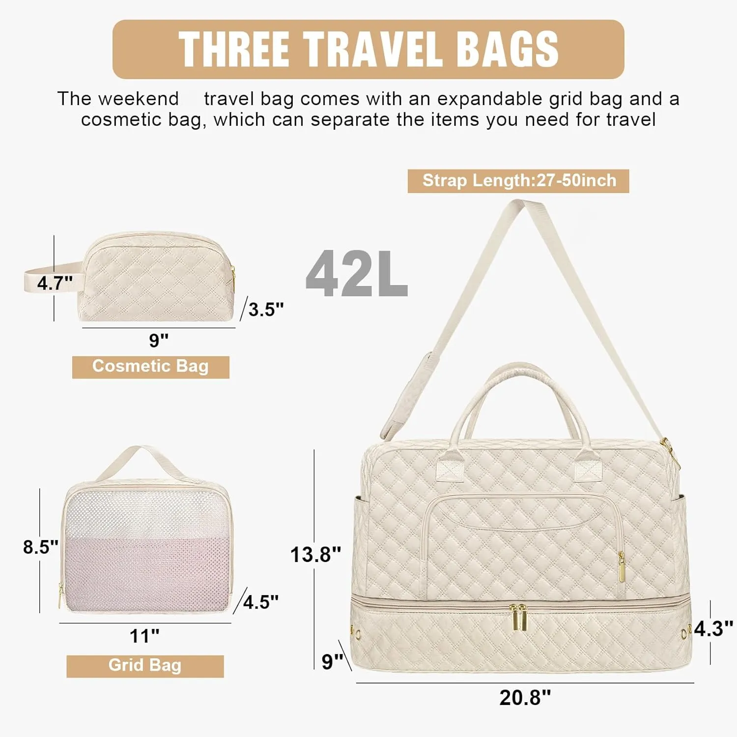 3 Pack Travel Duffle Bag, Weekend Bags for Women with Shoe Compartment, Large Toiletry Personal Item Travel Carry on Bags with Wet Pocket, Gym Overnight Hospital Bag for Delivery Business Beige