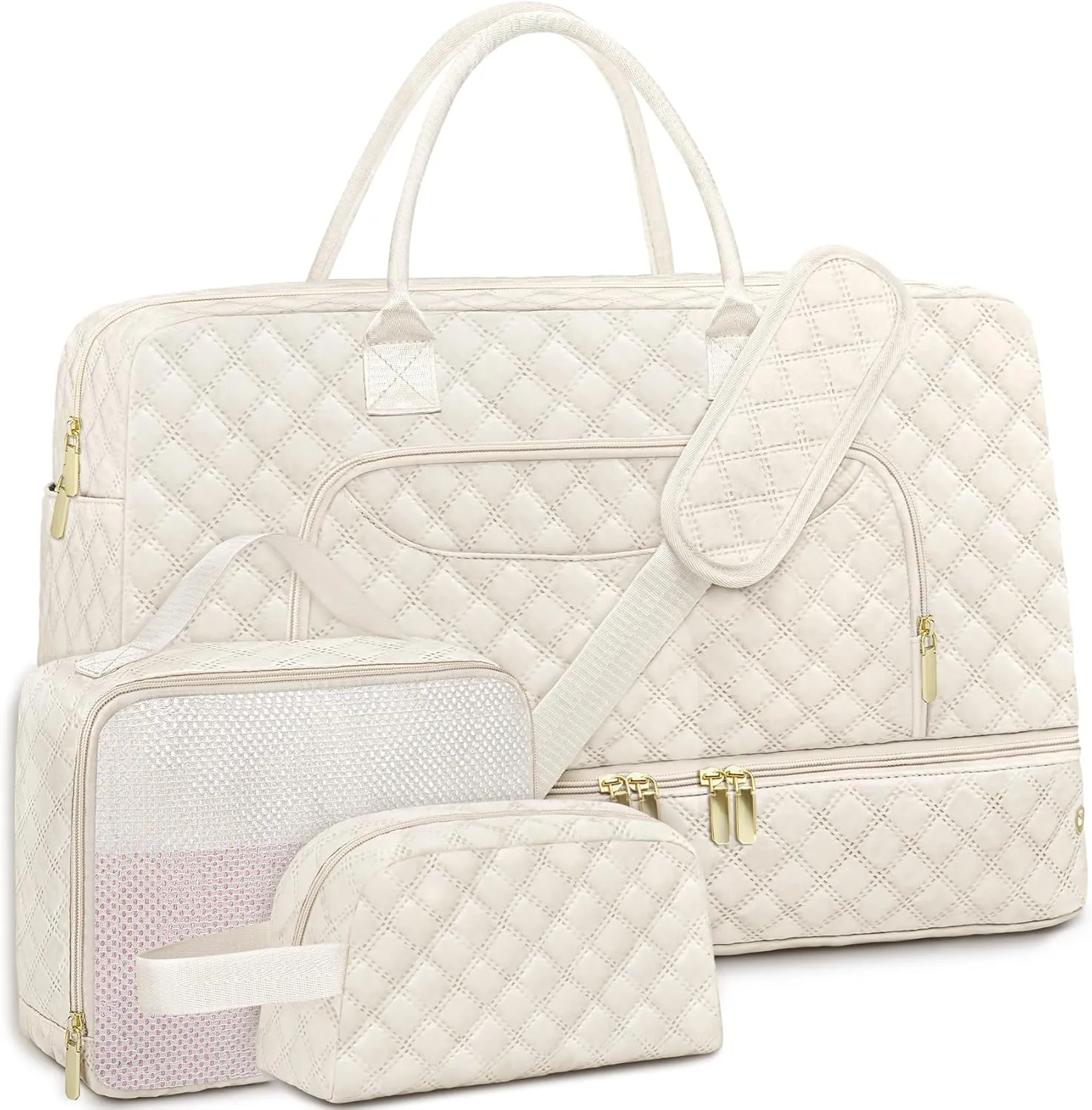 3 Pack Travel Duffle Bag, Weekend Bags for Women with Shoe Compartment, Large Toiletry Personal Item Travel Carry on Bags with Wet Pocket, Gym Overnight Hospital Bag for Delivery Business Beige