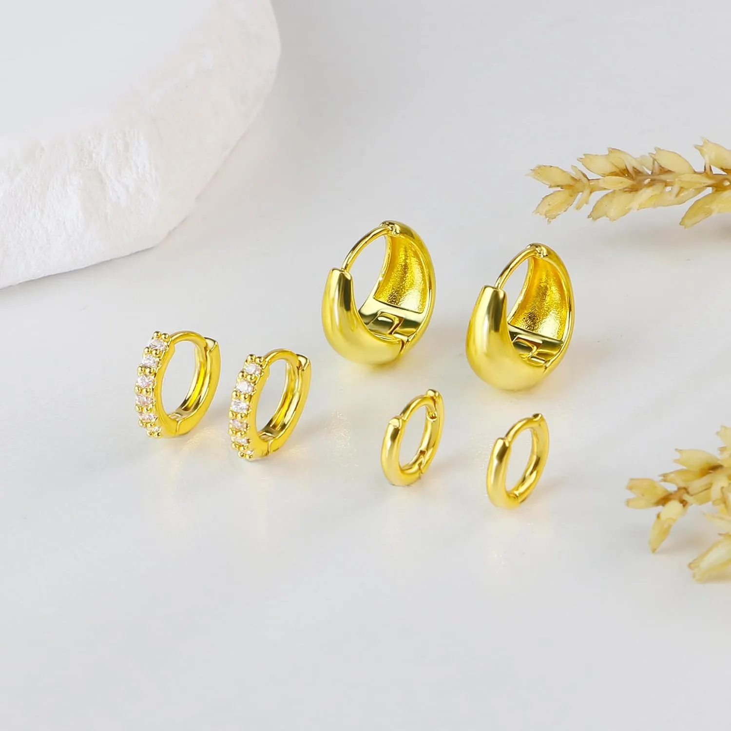 3 Pair Small Gold Cartilage Earrings Set for Women, Huggie Hoop Earrings Conch Helix Jewelry as Gold Earrings for Multiple Piercing, Tiny Stud Earrings as Cute Jewelry for Woman Daily Wear