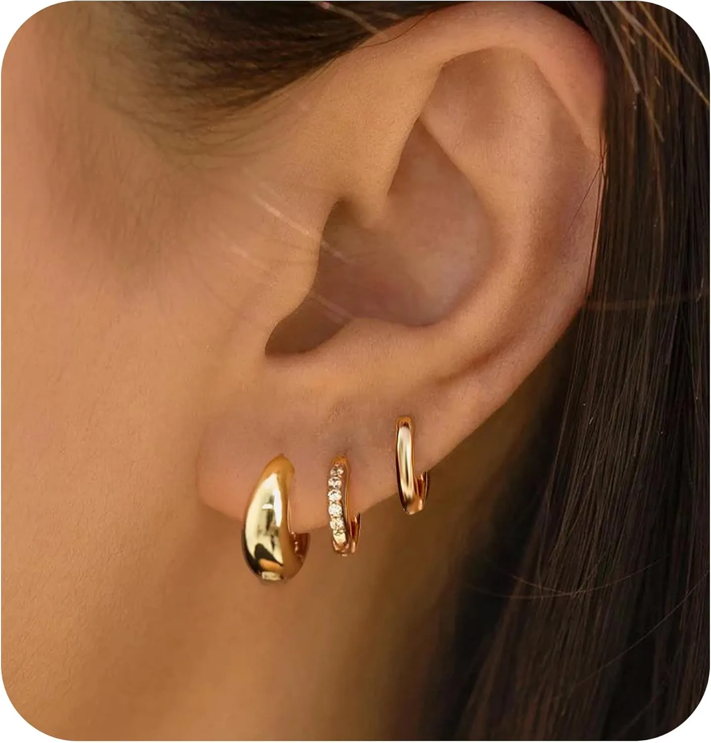3 Pair Small Gold Cartilage Earrings Set for Women, Huggie Hoop Earrings Conch Helix Jewelry as Gold Earrings for Multiple Piercing, Tiny Stud Earrings as Cute Jewelry for Woman Daily Wear