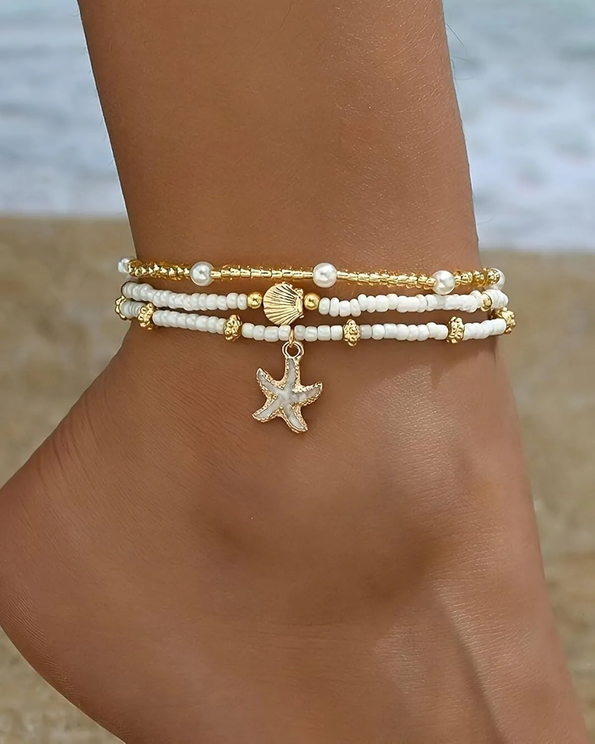 3 Pcs Shell Anklets Bracelets for Women Summer Sea Shell Starfish Ankle Bracelet Set Adjustable Handmade Boho Beaded Anklets Beach Surfer Foot Jewelry Accessories