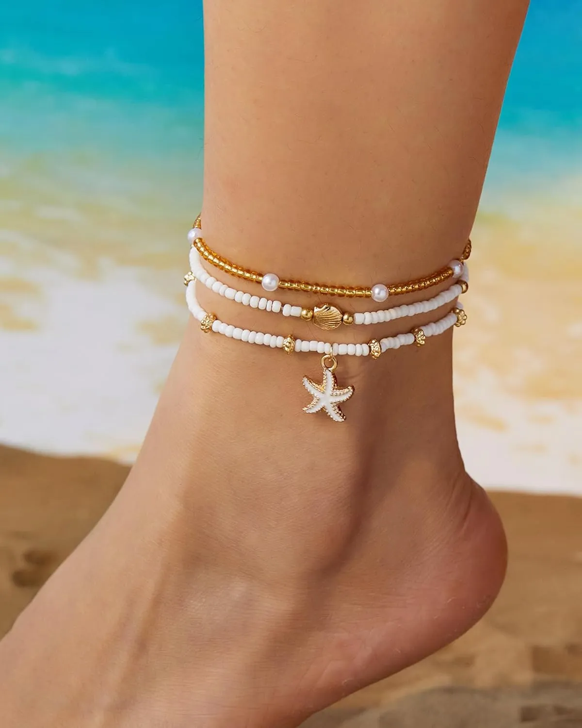 3 Pcs Shell Anklets Bracelets for Women Summer Sea Shell Starfish Ankle Bracelet Set Adjustable Handmade Boho Beaded Anklets Beach Surfer Foot Jewelry Accessories