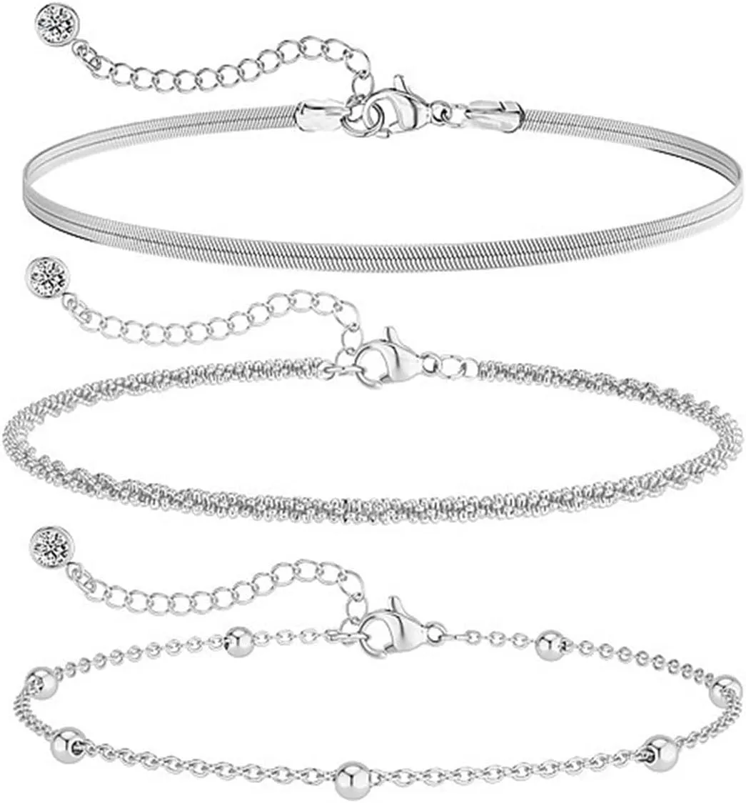 3 Pcs Silver Bracelets for Women Layered Bracelets Bracelets Set for Women Stackable Jewelry Set Silver Thin Link Chain Bracelets Wrist Braclets for Mom Wife