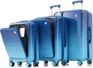 3-Piece Luggage Set for Travel, Features USB Port and Front Opening Design, Sturdy Hard Shell with Spinner Wheels, Blue