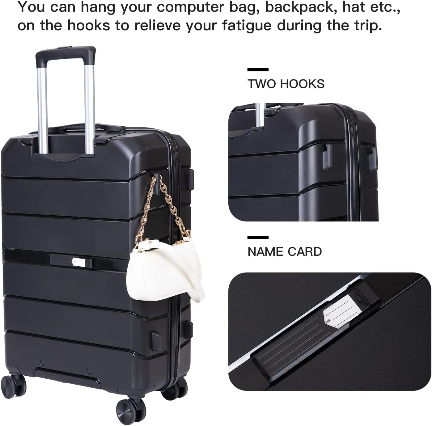 3 Piece Luggage Sets with Spinner Wheels Hardshell,Travel Suitcase&Rolling Suitcase&Hard Suitcases with Wheels,Adjustable Pull Rod,Name Card,TSA Lock,Two Hooks,Lightweight PP(20/24/28) (Black)