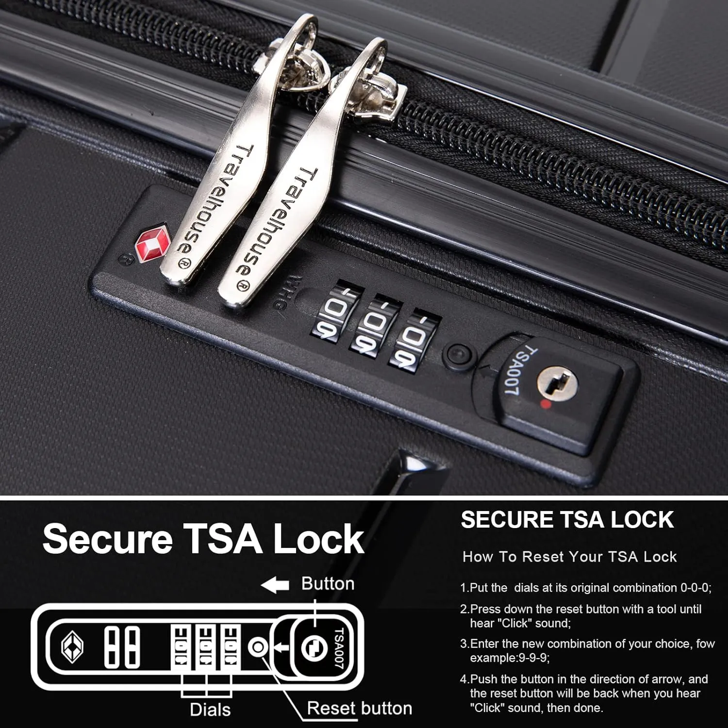 3 Piece Luggage Sets with Spinner Wheels Hardshell,Travel Suitcase&Rolling Suitcase&Hard Suitcases with Wheels,Adjustable Pull Rod,Name Card,TSA Lock,Two Hooks,Lightweight PP(20/24/28) (Black)