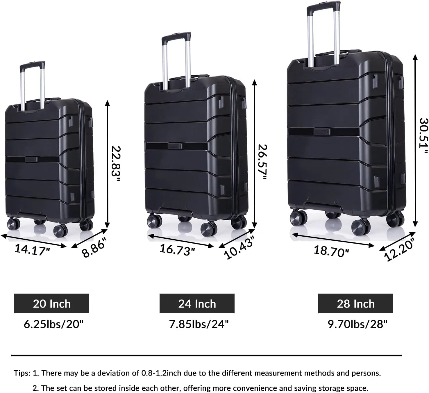 3 Piece Luggage Sets with Spinner Wheels Hardshell,Travel Suitcase&Rolling Suitcase&Hard Suitcases with Wheels,Adjustable Pull Rod,Name Card,TSA Lock,Two Hooks,Lightweight PP(20/24/28) (Black)