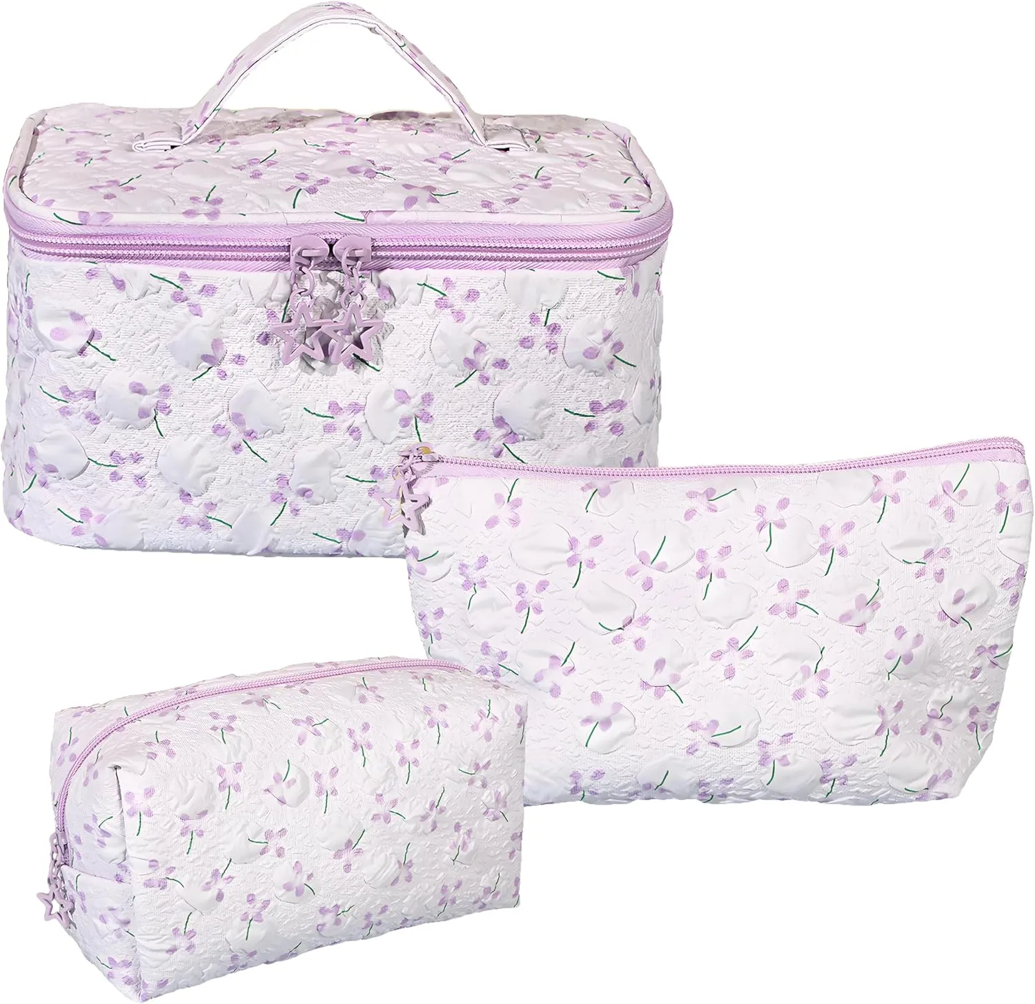 3PCS Makeup Bag,Cotton Quilted Makeup Bag Set,Floral Coquette Aesthetic Cosmetic Bag,Travel Cosmetic Bags,Toiletry Organizer Bag Christmas Gift(Purple)