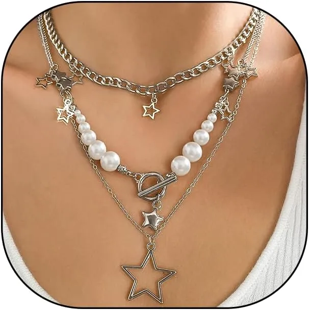3Pcs Y2k Layered Star Pearl Necklace Sets for Women Teen Girls,14K Gold Link Chains Beaded Aesthetic Choker Necklace Party Prom Trendy Adjustable Jewelry