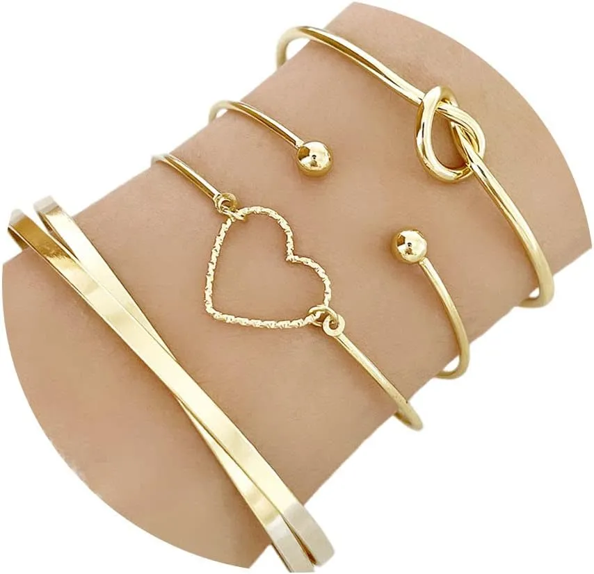 4Pcs Gold Bracelets Bangles Gold Jewelry Sets for Women Ladies Bracelet,Dainty Gold Bracelets Bangle Wrap Cuff for Women Trendy Stackable Bracelets