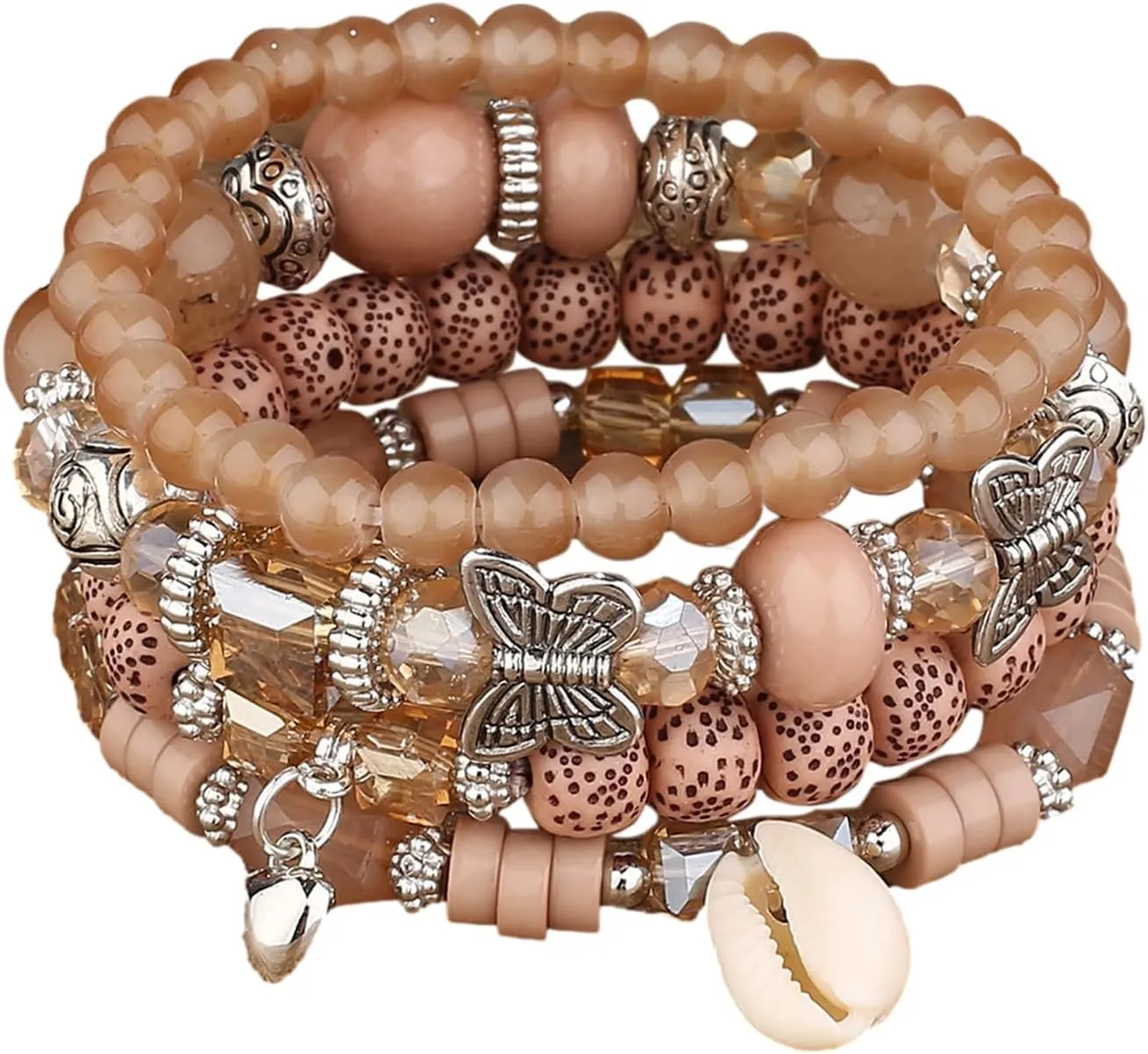 4Pcs Set Bohemian Shell Butterfly Heart Crystal Stone Stretch Pendant Bracelets for Women Beaded Stackable Stretch Bracelet Colorful Charm Jewelry Boho Summer Beach