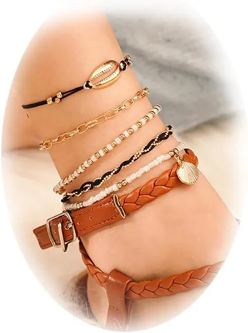 4pcs Shell Bracelet Anklets For Women Boho Layered Shell Anklet Set Beaded Foot Chain Anklet Bracelets Adjustable Handmade Seashell Gravel Pendant Foot Chains Beach Bracelet Anklets Jewelry(5 Pcs)