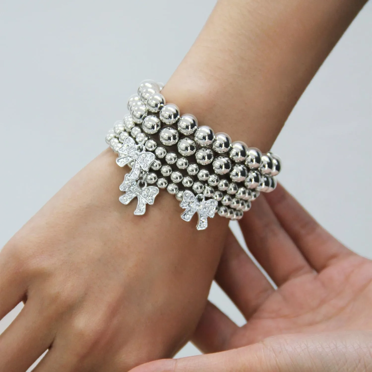 5Pcs Layered Beaded Bracelets Set for Women Gold/Silver Stretch Adjustable Bead Ball Bow Bracelets Boho Dainty Shiny Rhinestones Bow Bracelet Stackable Bangle Trendy Jewelry
