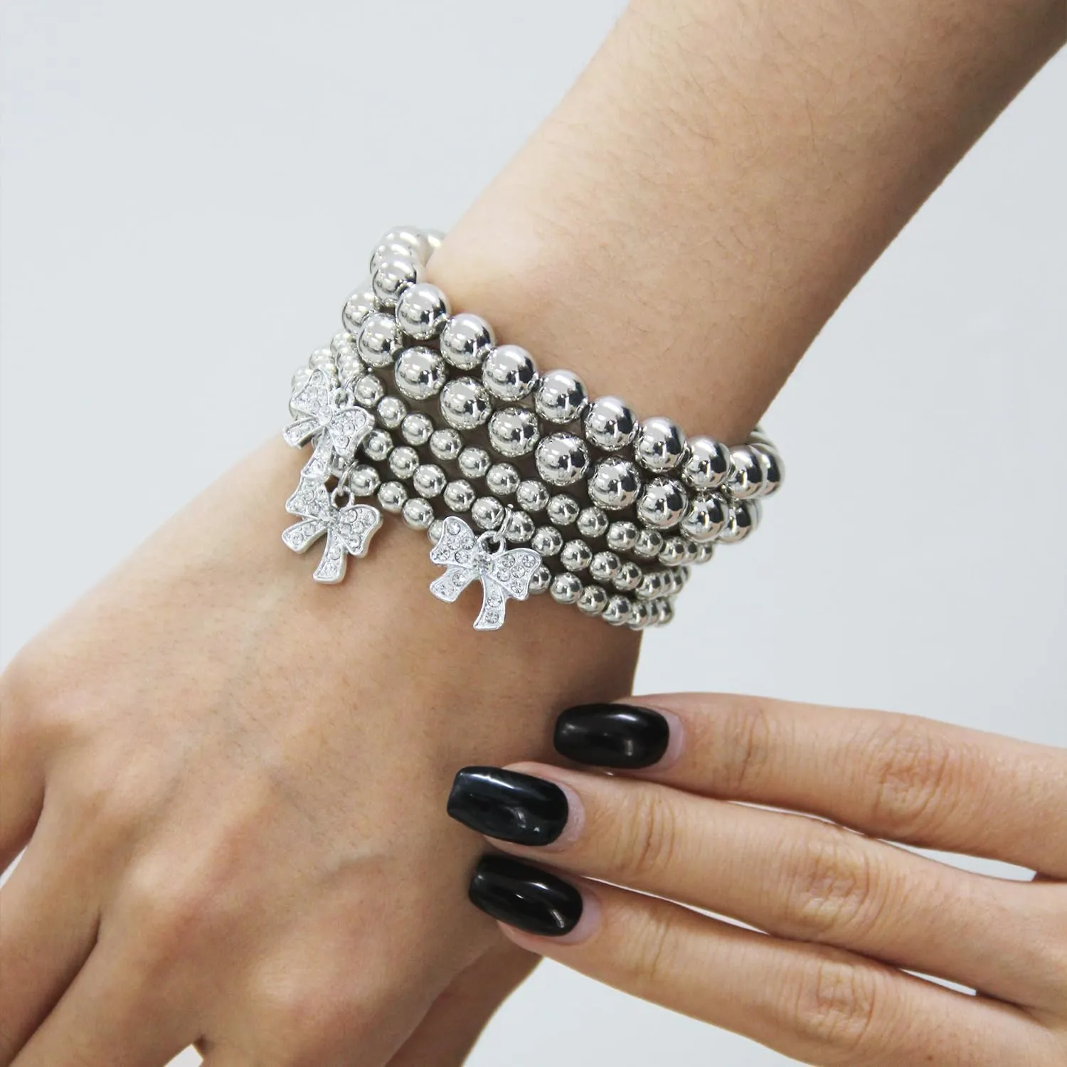 5Pcs Layered Beaded Bracelets Set for Women Gold/Silver Stretch Adjustable Bead Ball Bow Bracelets Boho Dainty Shiny Rhinestones Bow Bracelet Stackable Bangle Trendy Jewelry