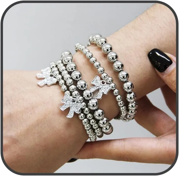 5Pcs Layered Beaded Bracelets Set for Women Gold/Silver Stretch Adjustable Bead Ball Bow Bracelets Boho Dainty Shiny Rhinestones Bow Bracelet Stackable Bangle Trendy Jewelry