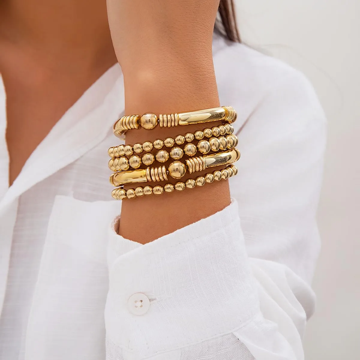 5pcs Layered Beaded Bracelets Set for Women Stackable Beaded Bracelet Stretch Elastic Round Ball Beads Chain Tube Bangle Bracelets Dainty Boho Stretch Bead Ball Bracelet Trendy Jewelry for Women 