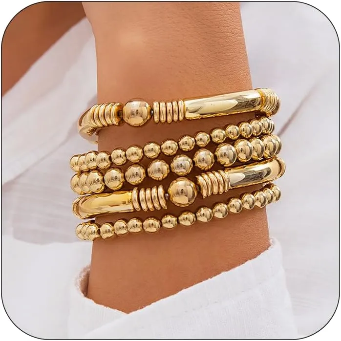 5pcs Layered Beaded Bracelets Set for Women Stackable Beaded Bracelet Stretch Elastic Round Ball Beads Chain Tube Bangle Bracelets Dainty Boho Stretch Bead Ball Bracelet Trendy Jewelry for Women 
