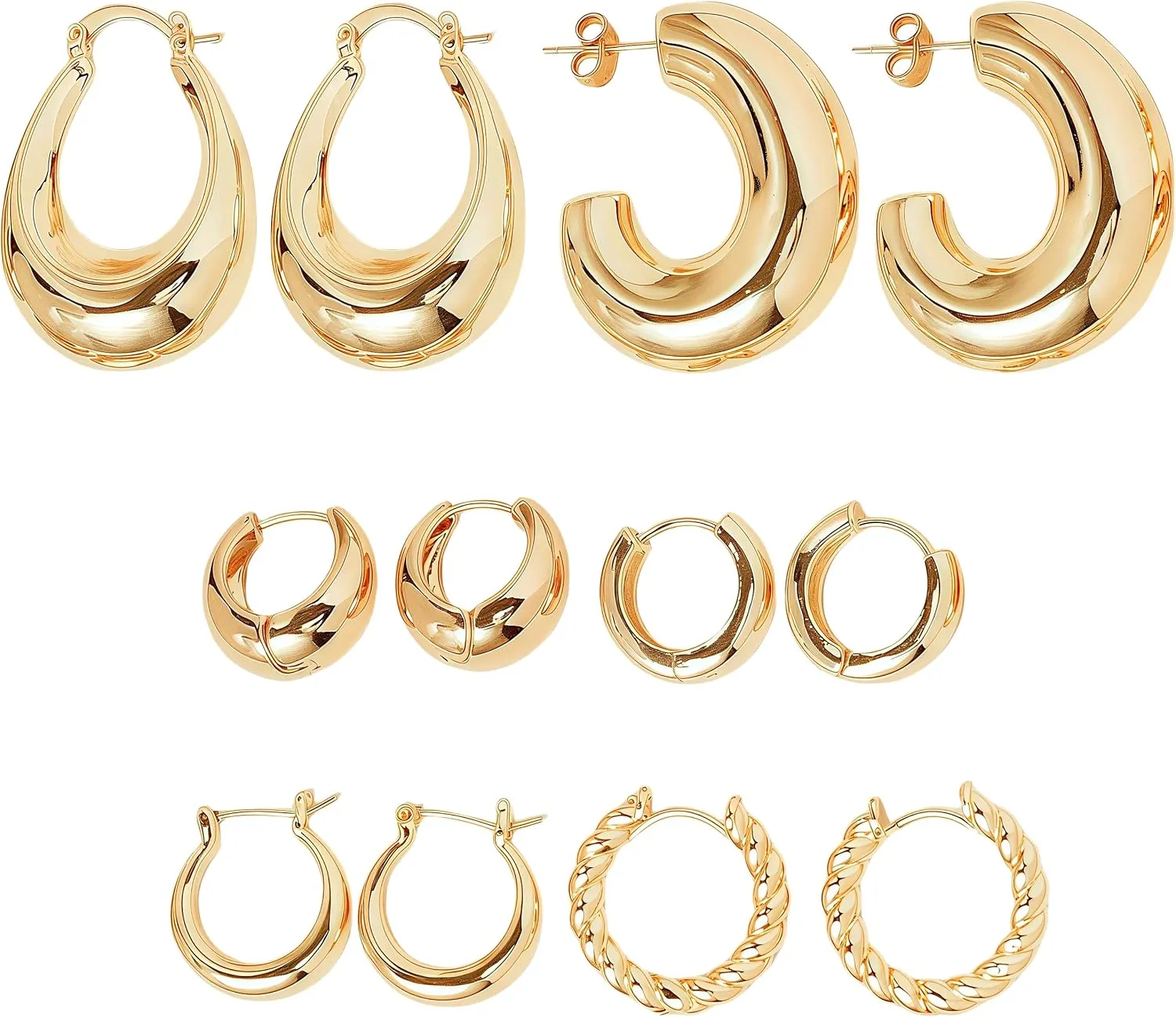 6Pairs Gold Dangle Earrings for Women, Thick Dainty Thick 14k Dangling Dangly Hoop Fashion Cute Trendy Chunky Hoop Earring Set for Woman Aesthetic Golden Twisted Hypoallergenic Trending Jewelry Costume Pack