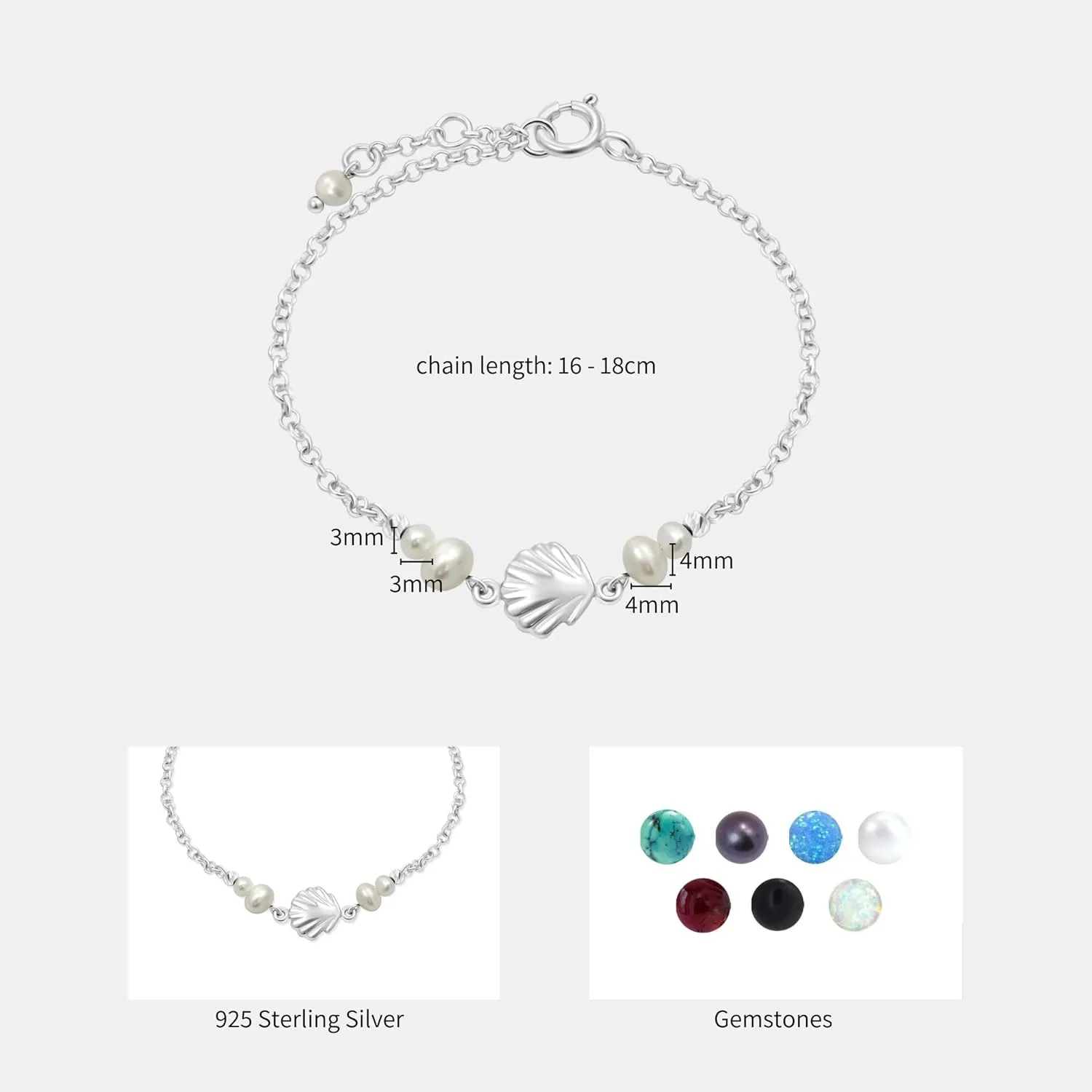 925 Sterling Silver Pearl Bracelets for Women - 3mm Round Beads with Sea Shell Sterling Silver Charm, Adjustable Chain 16-18cm Length - Silver Bracelets for Women - Perfect Pearl Jewelry Gift